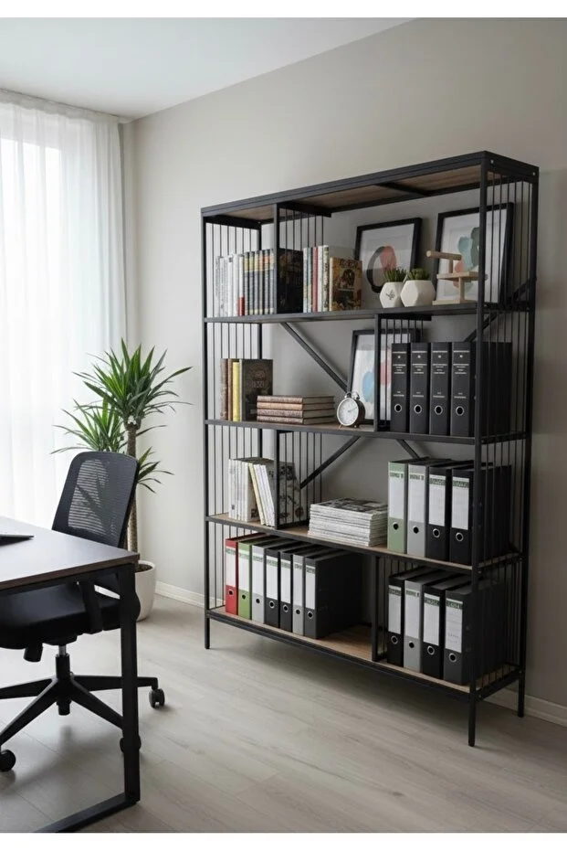 Dekoratif Lüx 5 Raflı Kitaplık Geniş Metal Kitaplık Dosya Rafı Ofis Salon Raf Ceviz